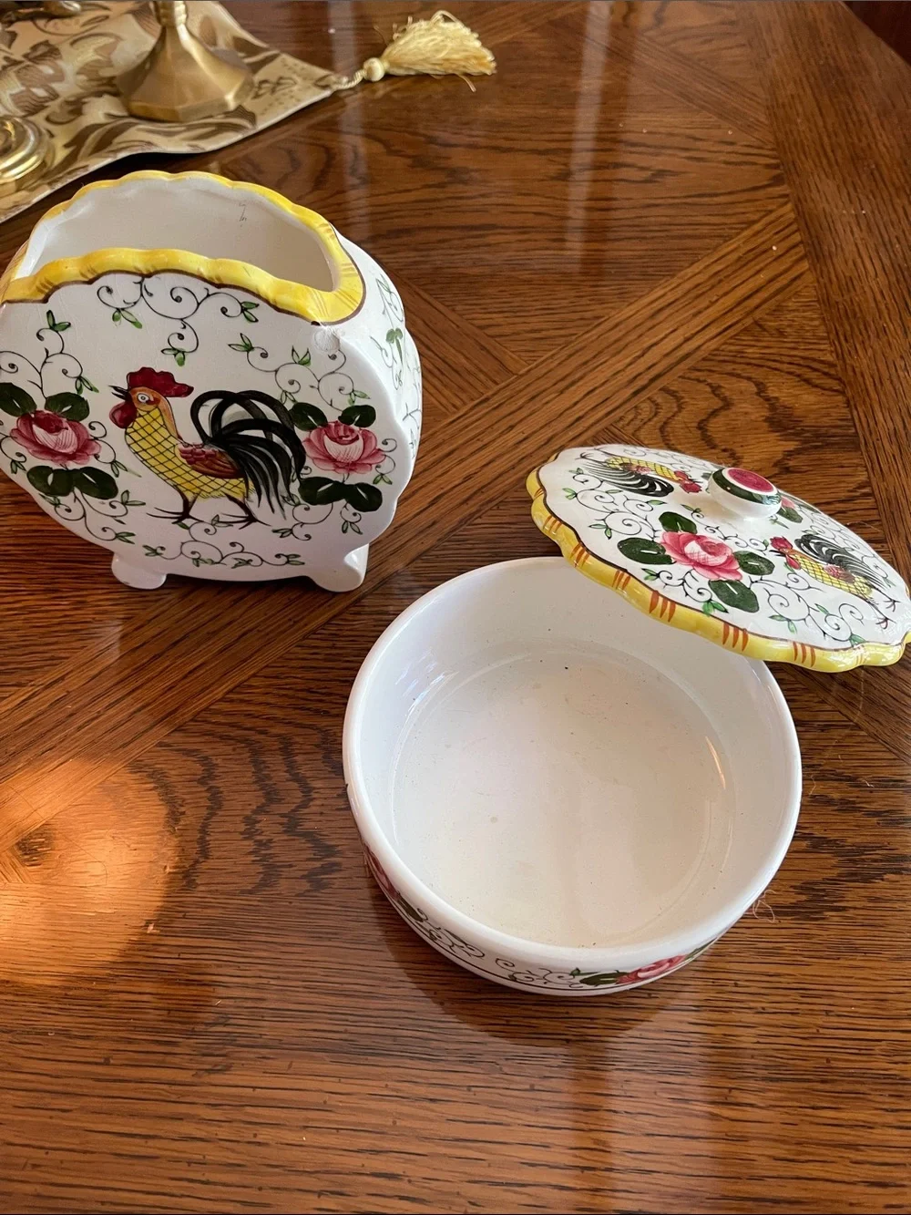 Early Provincial ceramic glazed vintage covered bowl and vace
